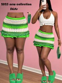 Slaydiva New Summer Leisure Beach Vacation Daily Dating Hip Skirt Green Dark Green Apricot Striped Ruffle Hem Crocheted Hip Skirt Mini Skirt Ultra-Short Skirt Women's Sweater Skirt - Green - View 1