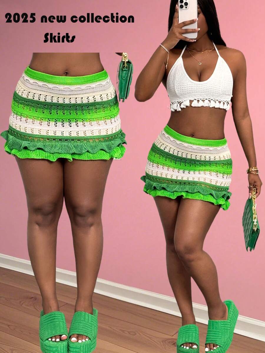 Slaydiva New Summer Leisure Beach Vacation Daily Dating Hip Skirt Green Dark Green Apricot Striped Ruffle Hem Crocheted Hip Skirt Mini Skirt Ultra-Short Skirt Women's Sweater Skirt - Green - View 1