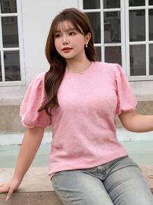 Dazy Plus Plus Size Women Puff Sleeve Crew Neck Textured Fabric Pullover T-Shirt, Pink - Pink - View 5