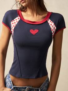 Bohemela 针织拼布插肩袖圆领修身短款女式 T 恤