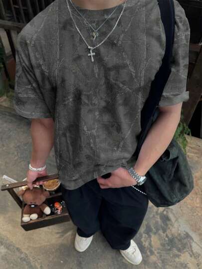 Manfinity Dauomo Camiseta de manga corta de hombre de estilo casual con estampado de ramas, para verano