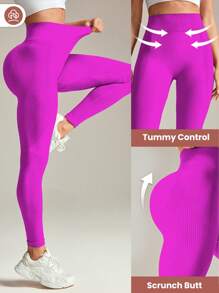 SHEIN Sports Women Solid Color High Waist Seamless Leggings For Chinese New Year - Hot Pink - View 5