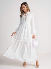 Ellevyn 女式编织提花纹理V领荷叶边下摆蕾丝花边夏季连衣裙 - 白色 - 查看 2