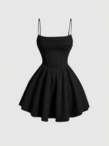 SHEIN PETITE 女款浪漫風收腰下擺夏季洋裝，適合小個女款 - 黑色 - 查看 8