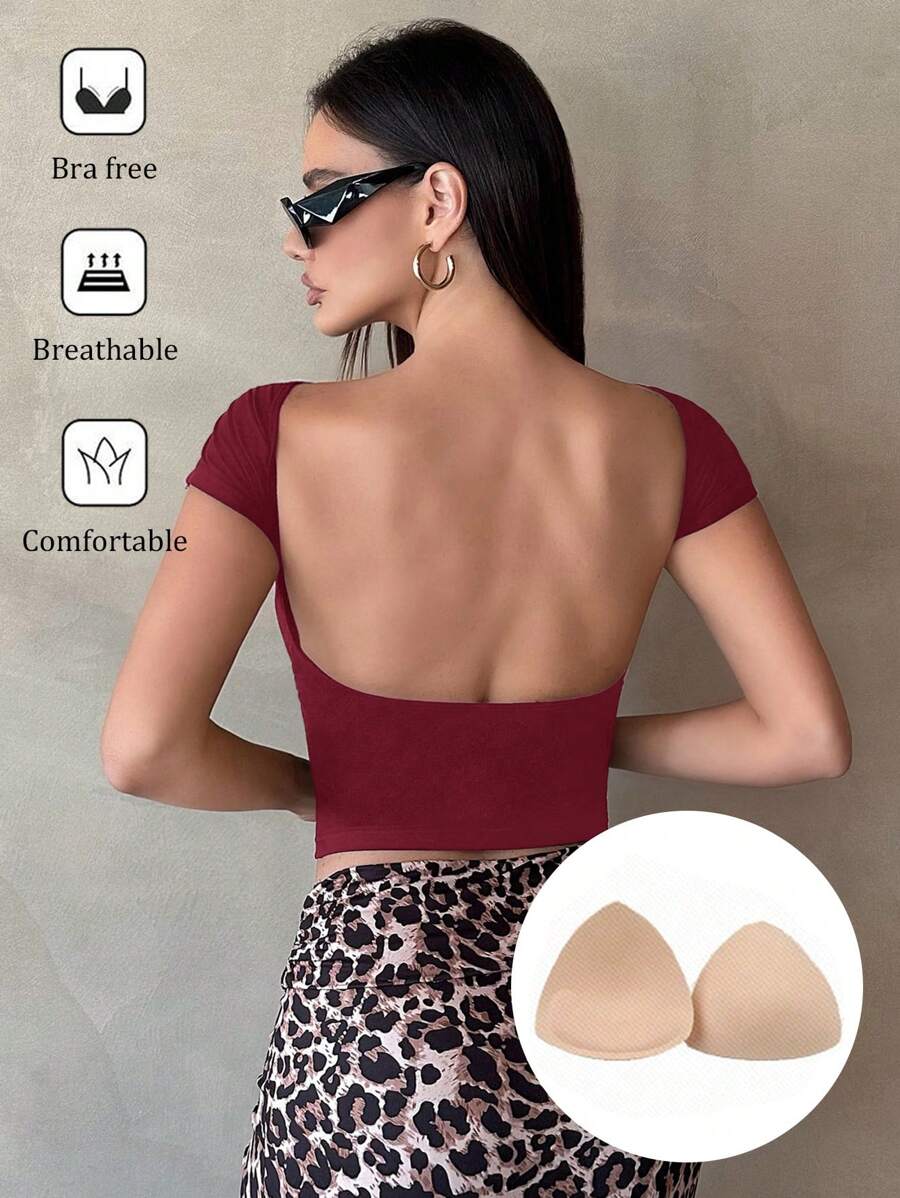 SHEIN Tall Áo thun đen thoáng khí cho nữ có đệm ngực không dây - Màu Đỏ Sâu - Xem 1