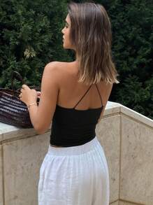 Livesso Fitted Beaded Backless Elastic Casual Summer Tank Top For Women Vacation - Black - View 2
