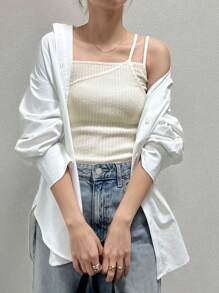 FRIFUL Women Beige Fitted Cropped Asymmetrical Camisole - White - View 5