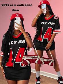 Slaydiva 2025新款音乐节运动街头春夏休闲街头V领露肩短袖14口号LogoONLY BABY图案黑底红条纹全身印花宽松针织面料女装小连衣裙 - 黑色 - 查看 4