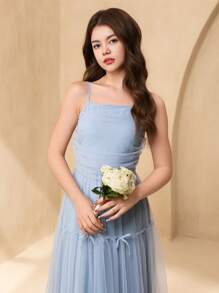 SHEIN Elegant Teen Girl Floral Tulle Spaghetti Strap A-Line Bow Decor Long Evening Dress For Wedding, Prom, Birthday Party