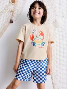 SHEIN Young Boys Summer Ocean Theme Print T-Shirt And Plaid Shorts Sets,Home, Vacation, Everyday Wear, - Multicolor - View 1