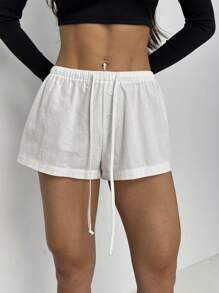 SHEIN PETITE Quần short thường ngày rộng rãi có dây rút eo màu trơn dành cho nữ - trắng - Xem 10