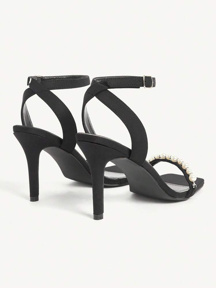 CUCCOO CHICEST Women's Elegant Pearlized Ankle-Strap Square Toe Stilettos, Exquisite Classic Black Suede High Heel Sandals, Romantic For Date, Formal Occasion Dress