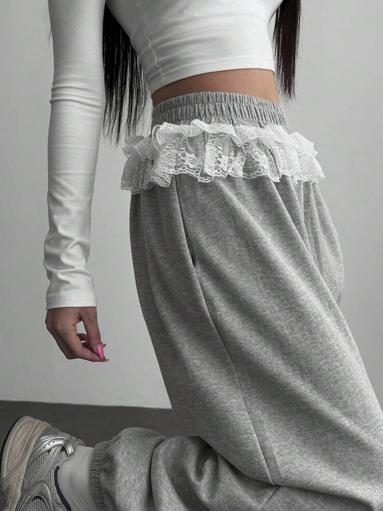 Women Elastic Waist Contrast Lace Loose Pants With Tapered Leg, All Season