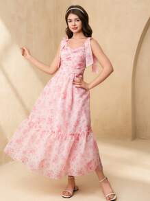 SHEIN Vestido con estampado floral elegante y tirantes desmontables, perfecto para adolescentes, bodas y ocasiones formales