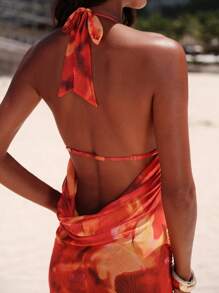 Opulessa Knitted Mesh Printed Open Back Slash Neck Women Mini Dress For Beach - Red - View 5