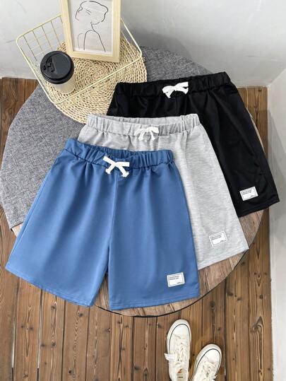 SHEIN 3-Pack Teen Boy Casual Simple Black/White/Gray Logo Knit Sport Shorts, Spring/Summer, School, Campus, College