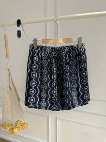 SHEIN EZwear Pantalones cortos negros bordados de talla grande, para vacaciones de primavera/verano - Azul Marino - Ver 3