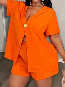 Slaydiva Conjunto de 2 piezas de mujer talla grande con camiseta suelta naranja brillante y shorts, adecuado para vacaciones en la playa