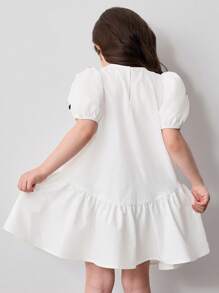 Young Girl Woven Solid Color Round Neck Puff Sleeve Fitted Dress - White - View 6