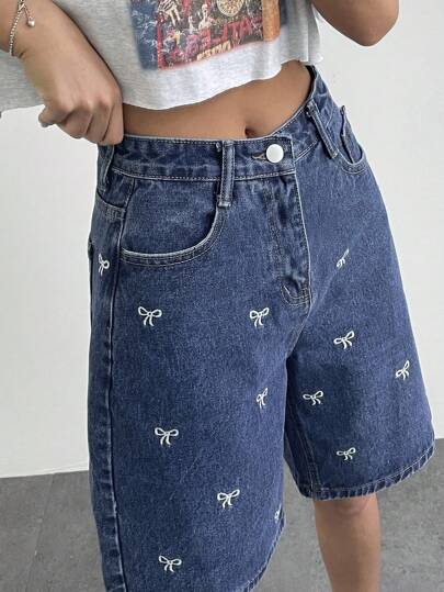 Strévra 女士休闲水洗牛仔蝴蝶结刺绣短裤 Y2k 牛仔短裤