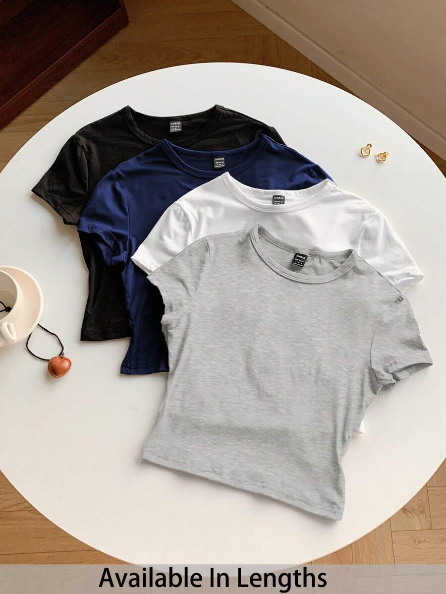SHEIN Tall CURVE 加大码 4 件套纯色短款圆领短袖修身 T 恤，适合夏季 - 彩色 - 查看 1