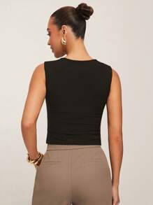 Silquee 纯黑色蕾丝背心，无袖蕾丝拼接衬衫，蕾丝领上衣，春夏款，可爱夏日上衣，商务休闲上衣，黑色方领上衣 - 黑色 - 查看 2