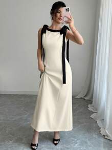 Elenzga Women's Elegant Casual Business Sleeveless Round Neck Waist-Cinched Solid Color Splicing Contrast Collar Bowknot Shoulder Strap Minimalist Dress - Apricot - View 7