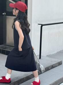 DAZY Tween Girl Solid Color Round Neck Tank Top With Pleats And Cargo Skirt Casual Set - Navy Blue - View 8