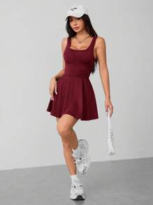 SHEIN PETITE Women's Burgundy Knitted Sleeveless Square Neck Backless Short Unitard Dress: Stretchy And Stylish