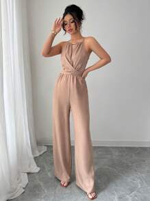 Elenzga Mono largo informal de mujer para primavera/verano de tela arrugada caqui con escote halter, cuentas en la cintura, diseño con botones y cordón
