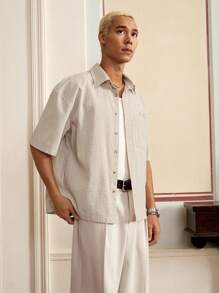 SWAVVY Men's Casual Plaid Letter Embroidery Loose Woven Short Sleeve Khaki Boxy Shirt, For Summer Outfit
