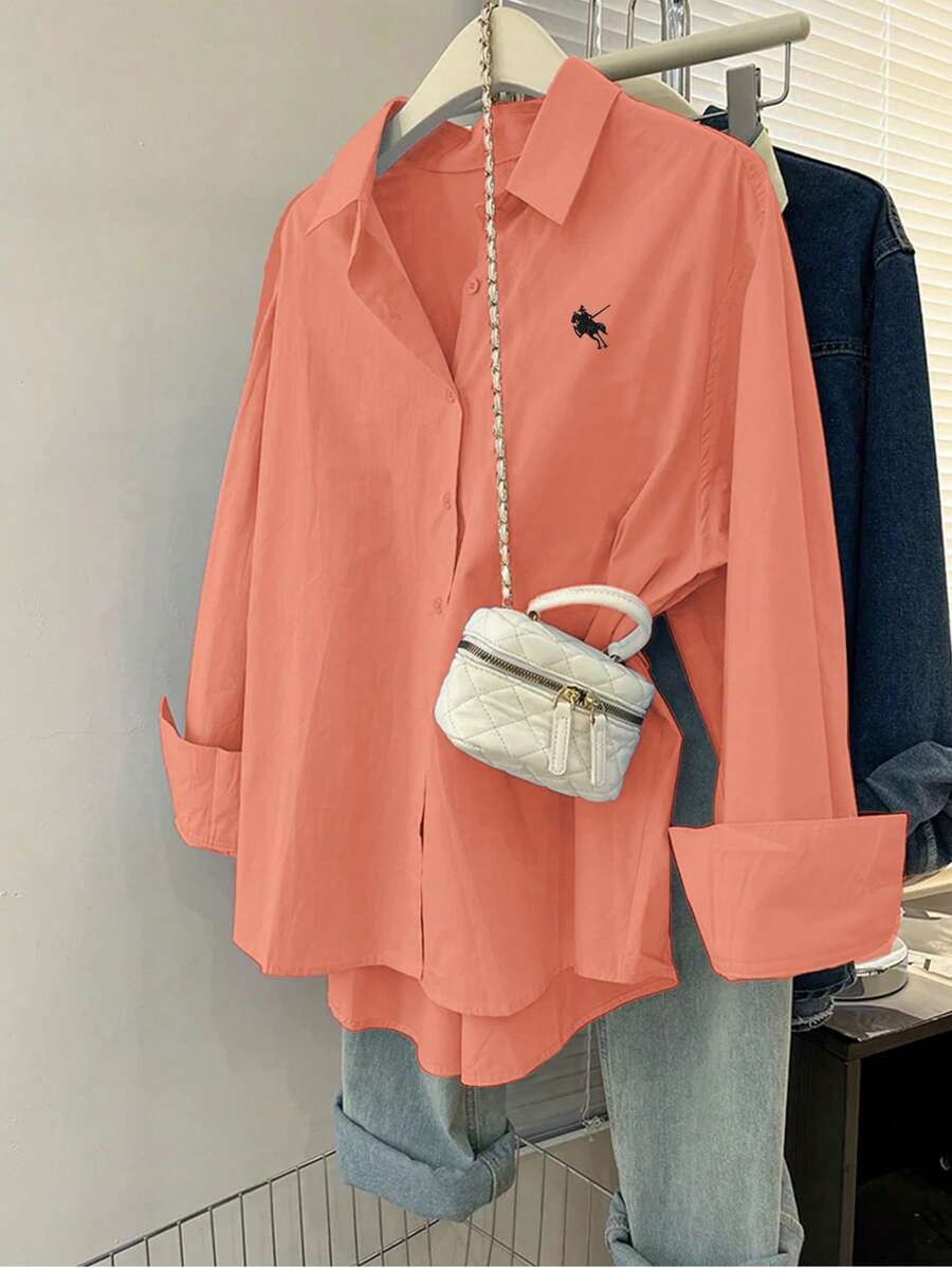 INAWLY 女式骑士印花长袖单排扣休闲宽松衬衫 - 珊瑚橙 - 查看 1