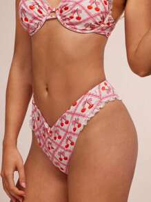 WESTFADE Summer Mixed Cherry & Bows Print Ruched Low V Shape Waist Ruffle Lace High Cut Leg Bikini Bottoms Spring Beach Vacation - Pink - View 3