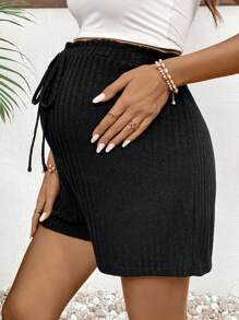 SHEIN Black Knitted Maternity Mini Shorts: Comfortable And Stylish Casual Shorts For Everyday Wear - Black - View 3