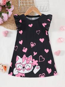 Young Girl Casual Cat & Heart Pattern Round Neck Ruffle Sleeve Loose Nightgown - Black - View 1