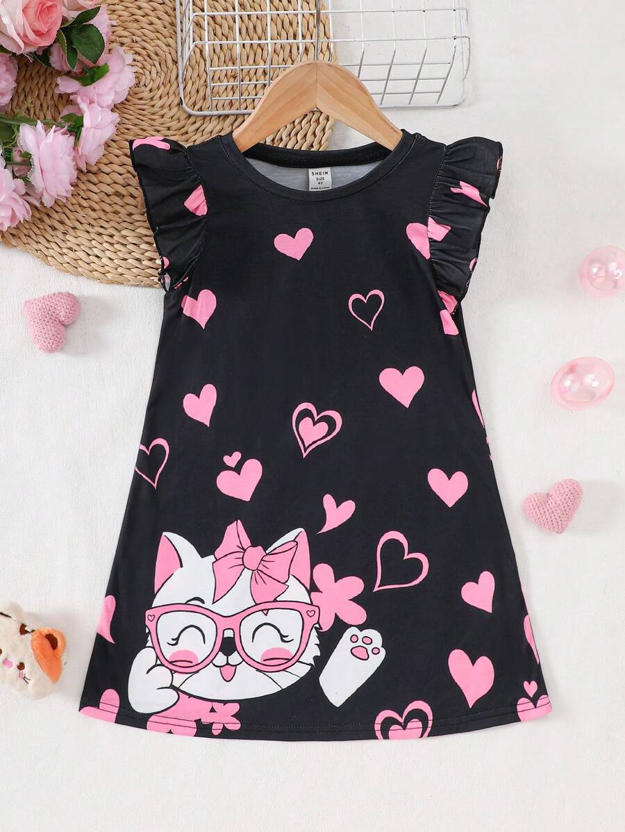 Young Girl Casual Cat & Heart Pattern Round Neck Ruffle Sleeve Loose Nightgown - Black - View 1