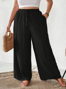 SHEIN CURVE+ Outfits casuales de playa de verano para mujer de talla grande, pantalones anchos elegantes de negocios y viajes con bolsillos, color rosa loto, pantalones de verano para vacaciones de playa, campo o país