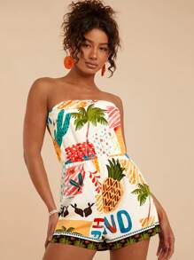 Travachic 女士热带印花梭织抹胸连体衣，女士夏季服装，夏季服装，科切拉音乐节，女士节日服装