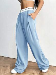 SHEIN EZwear 女式撞色口袋褶皱休闲裤秋冬工作裤 - 淺藍色 - 查看 5