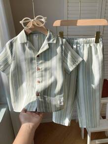 SHEIN 2pcs Boys Casual Comfortable Versatile Striped Short Sleeve Shirt And Straight Leg Pants Set, Suitable For Spring & Summer - Multicolor - View 7