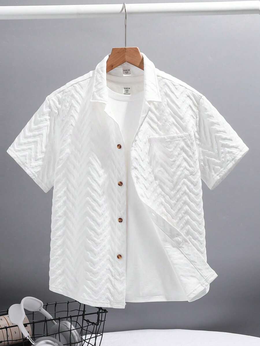 Kids Tween Boy Casual Versatile Comfortable Lapel Patch Pocket Loose Short Sleeved Net Color Knitted Shirt Suitable For Commuting To School, Daily Leisure Vacation Travel, Suitable For Sports, Suitable For Spring And Summer Seasons - White - View 1