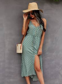 Breezaya Vestido de lunares con botones y cintura con cordón, vestido maxi de vacaciones estilo playa para mujer - Verde - Ver 4