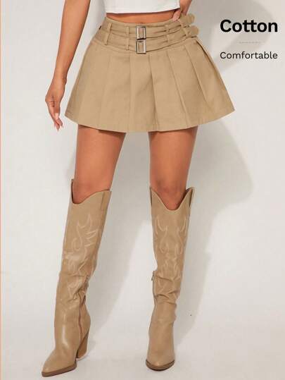 SHEIN SXY 卡其色性感街头时尚工装低腰迷你褶皱裙，双腰带设计，百搭下装，适合音乐节、春夏季