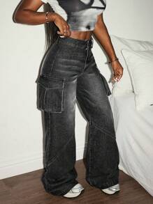 Slaydiva 女士休闲洗水阔腿工装牛仔裤 - 深灰色 - 查看 3