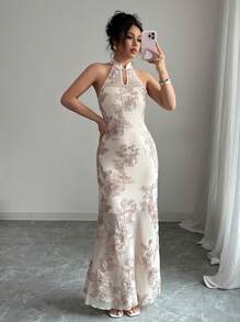 Chiquease Elegant Women's Chinese Style 3D Mesh Embroidered Fish Tail Midi Dress - Apricot - View 4