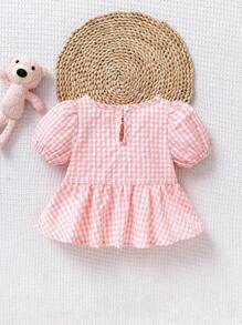 SHEIN Baby Girls Pink Plaid Puff Sleeve Short Sleeve Top, Summer - Pink - View 2