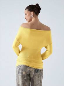 LYSMO Women's Yellow Knitwear Casual T-Shirt: Semi-Sheer Ruched Boat Neck Top With Three-Quarter Sleeves And Regular Length