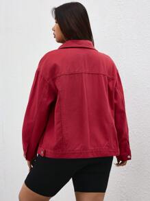 SHEIN ICON 加大码宽松纯色纽扣长袖红色牛仔夹克 - 紅色 - 查看 2