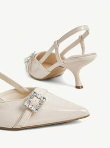 CUCCOO CHICEST Elegant Pointed Toe High Heel Sandals, Kitten Heel Design With Diamond Buckle, Slip-On, Beige Patent Leather, Fashion & Versatile For Commuting And Workplace - Apricot - View 12