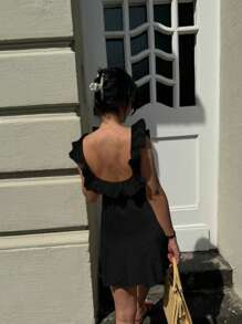 SHEIN VCAY 女士简约蕾丝边迷你连衣裙，夏季时尚 - 黑色 - 查看 2